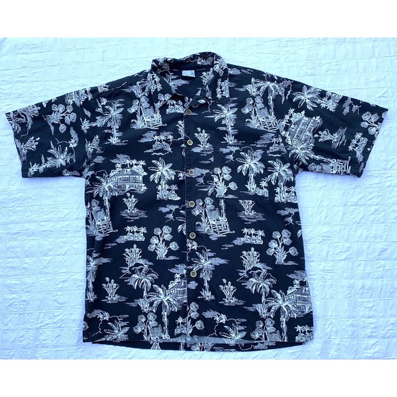 OP Sport Hawaiian Style Shirt Mens Large Navy Blue White Palm Trees - Picture 1 of 8